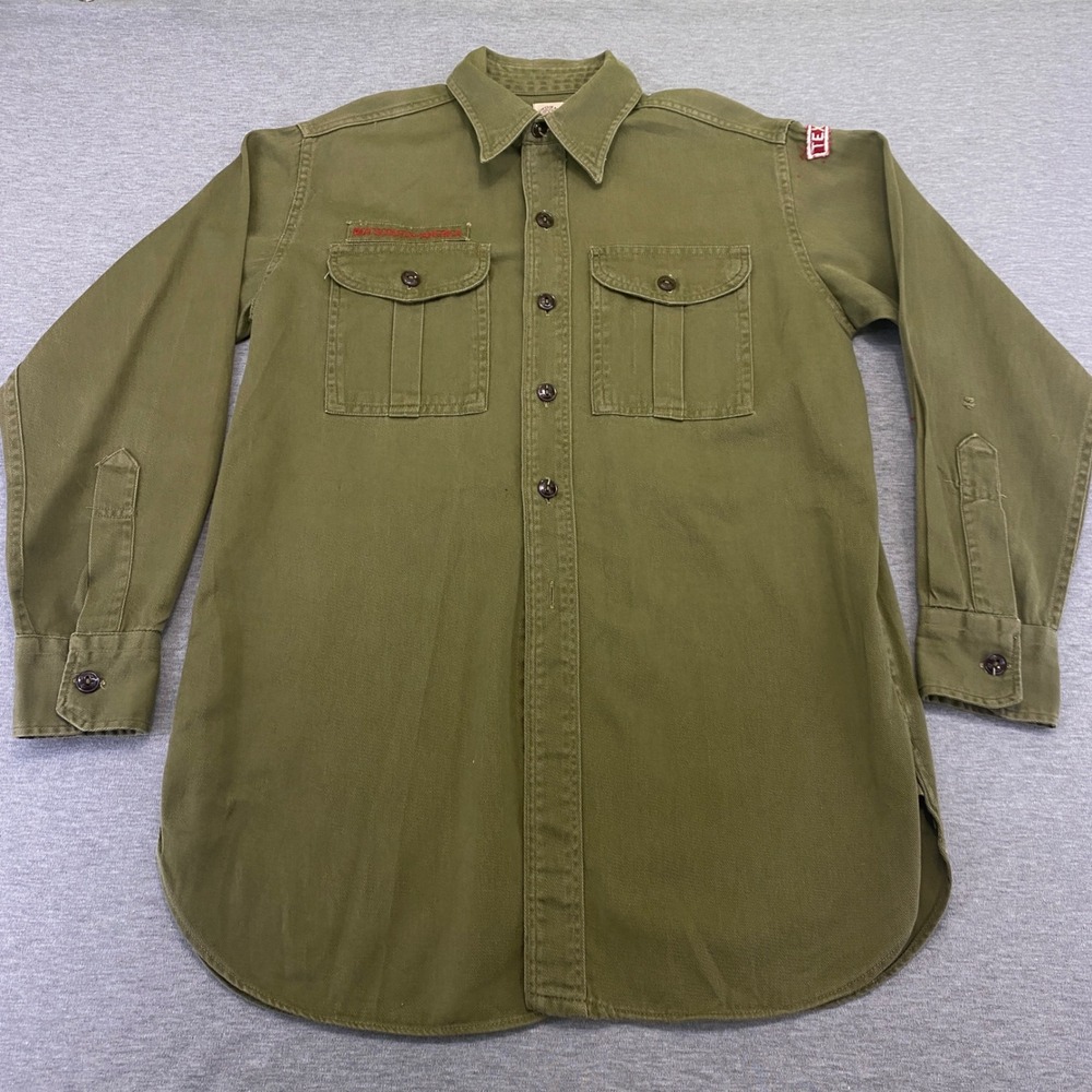 Vintage Boy Scouts of America Button Up Shirt Mens Small Olive Green Sanforized